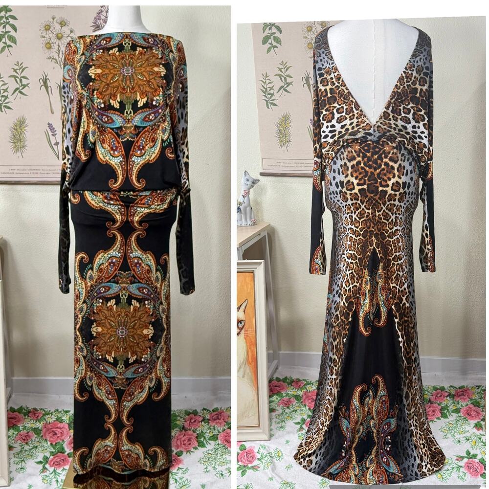 90s Y2k Leopard Paisley Low Back Dolman Sleeve Maxi Dress Mob Wife Trashy Sexy M